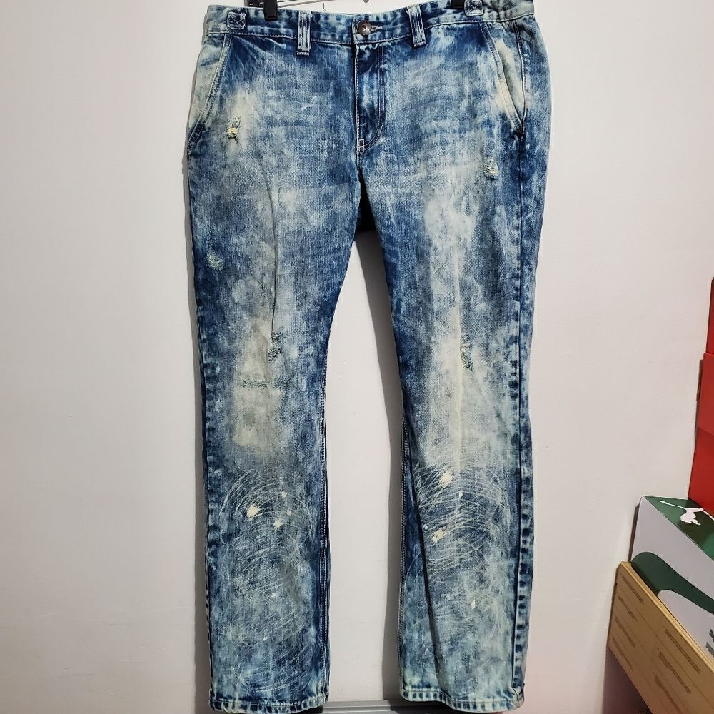 PREOWNED SZ 38X32 MENS LEVEL 7 DENIM DISTRESSED ACID WASH JEANS